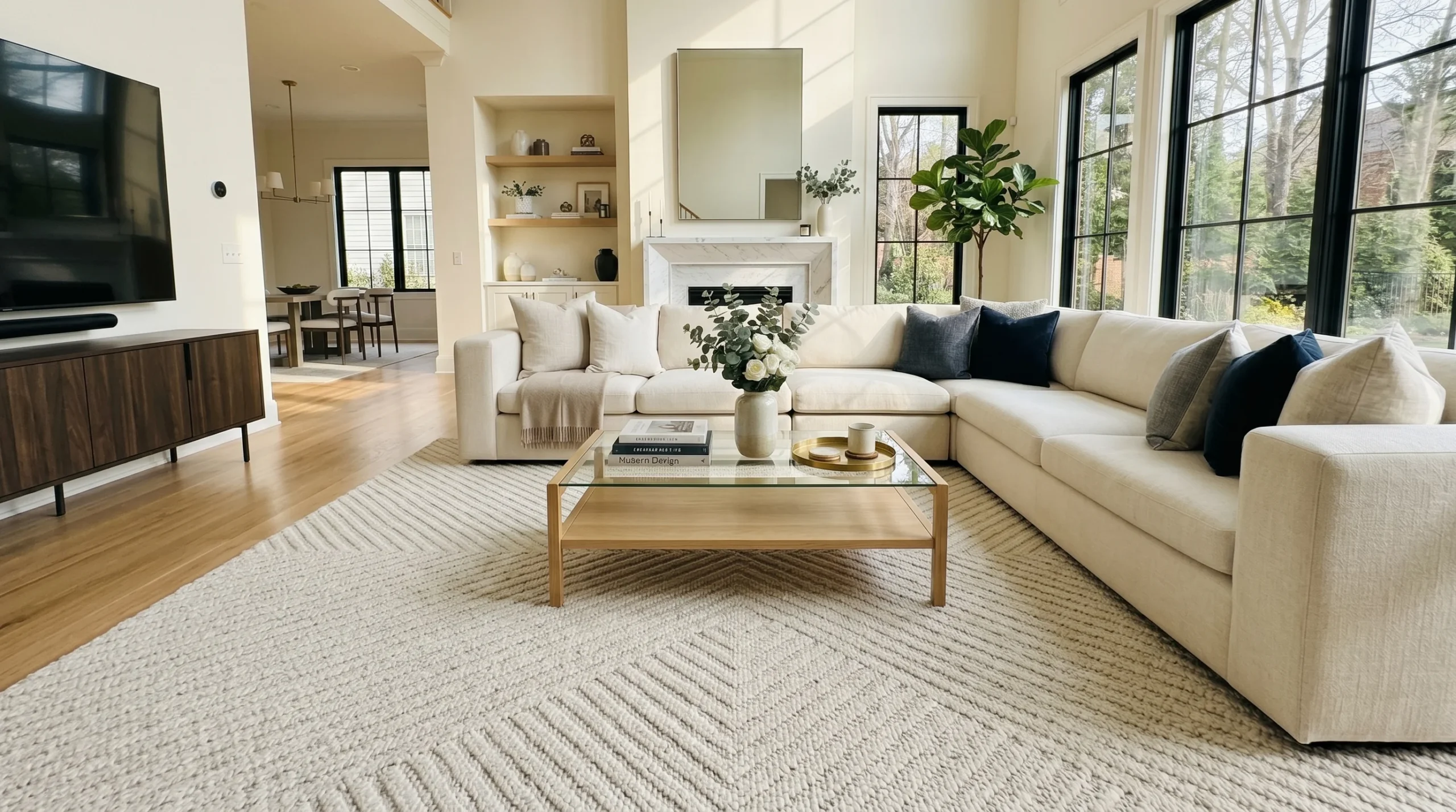 Bright living room with cream sectional sofa, glass coffee table and gleaming hardwood floors after professional cleaning