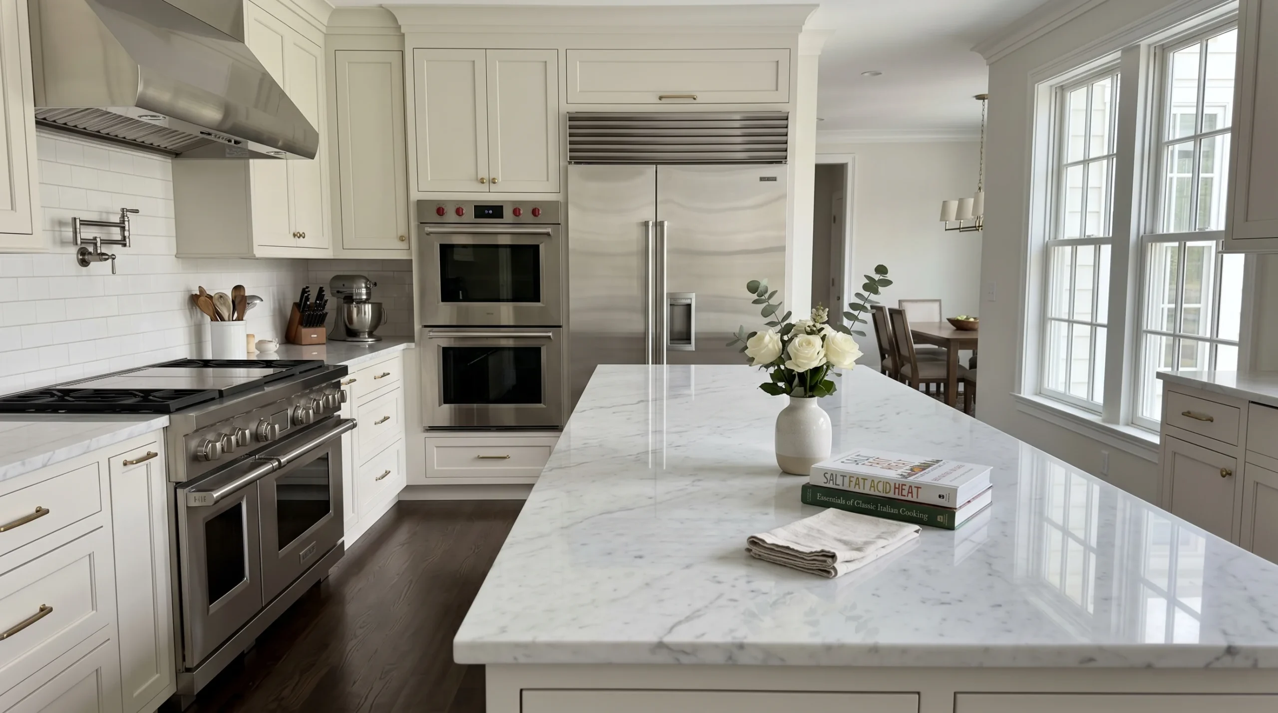 White kitchen with polished marble island, stainless steel appliances and dark hardwood floors after professional deep clean