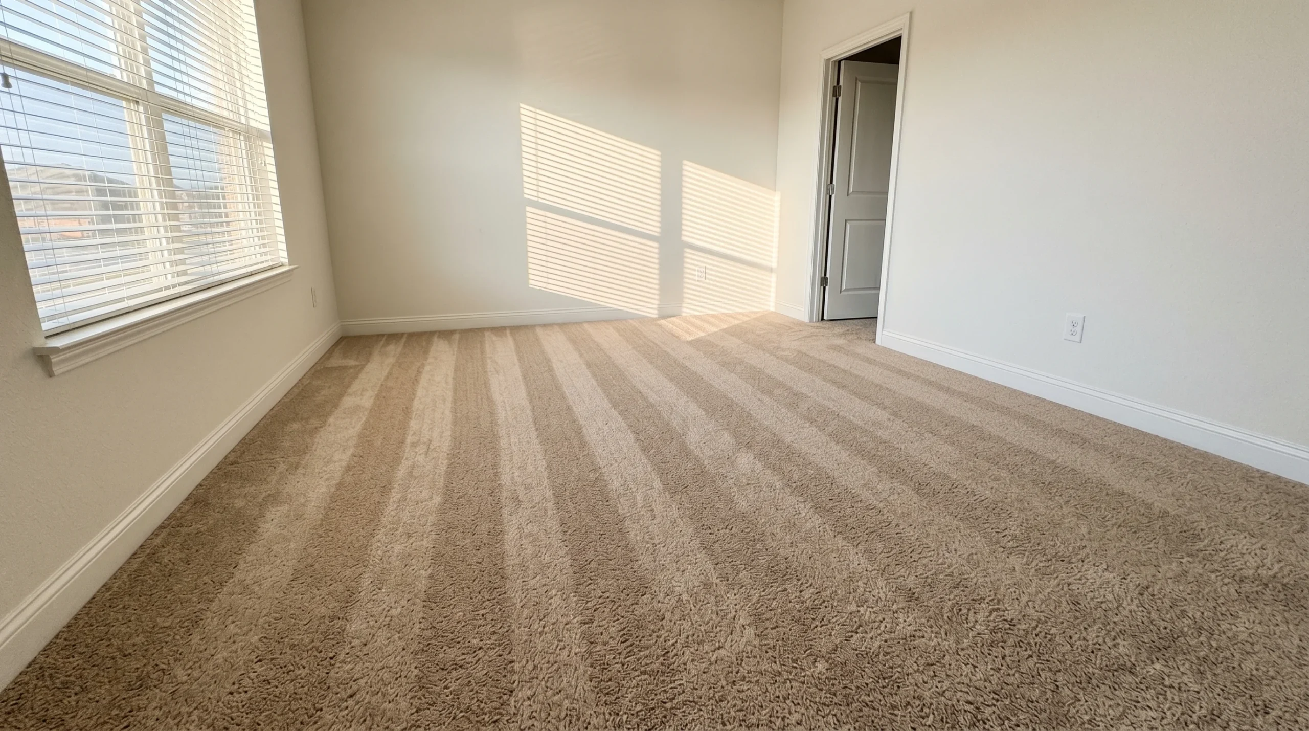 Bedroom with freshly vacuumed carpet showing clean stripe patterns after professional cleaning