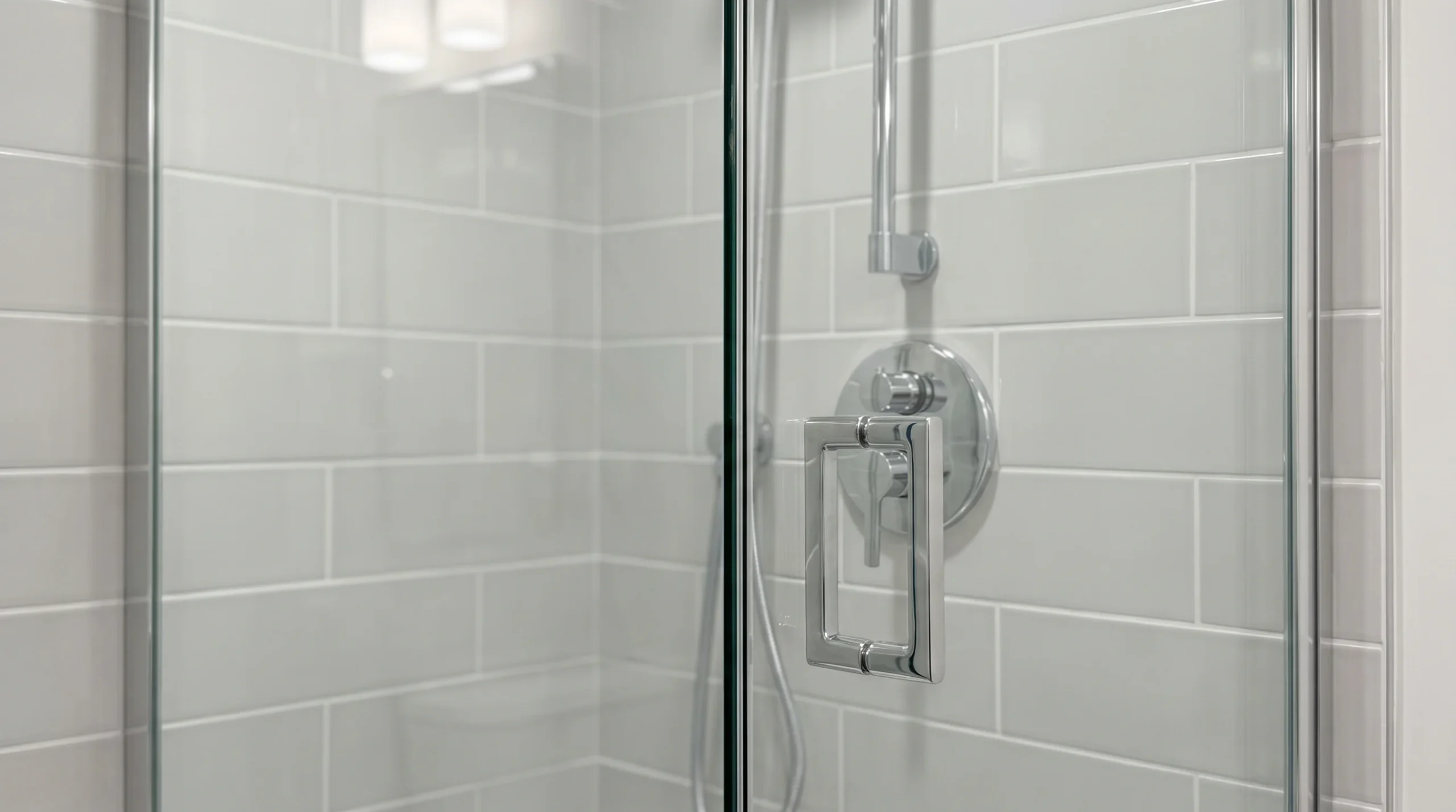 Spotless glass shower door with chrome fixtures and white subway tile walls after professional bathroom cleaning