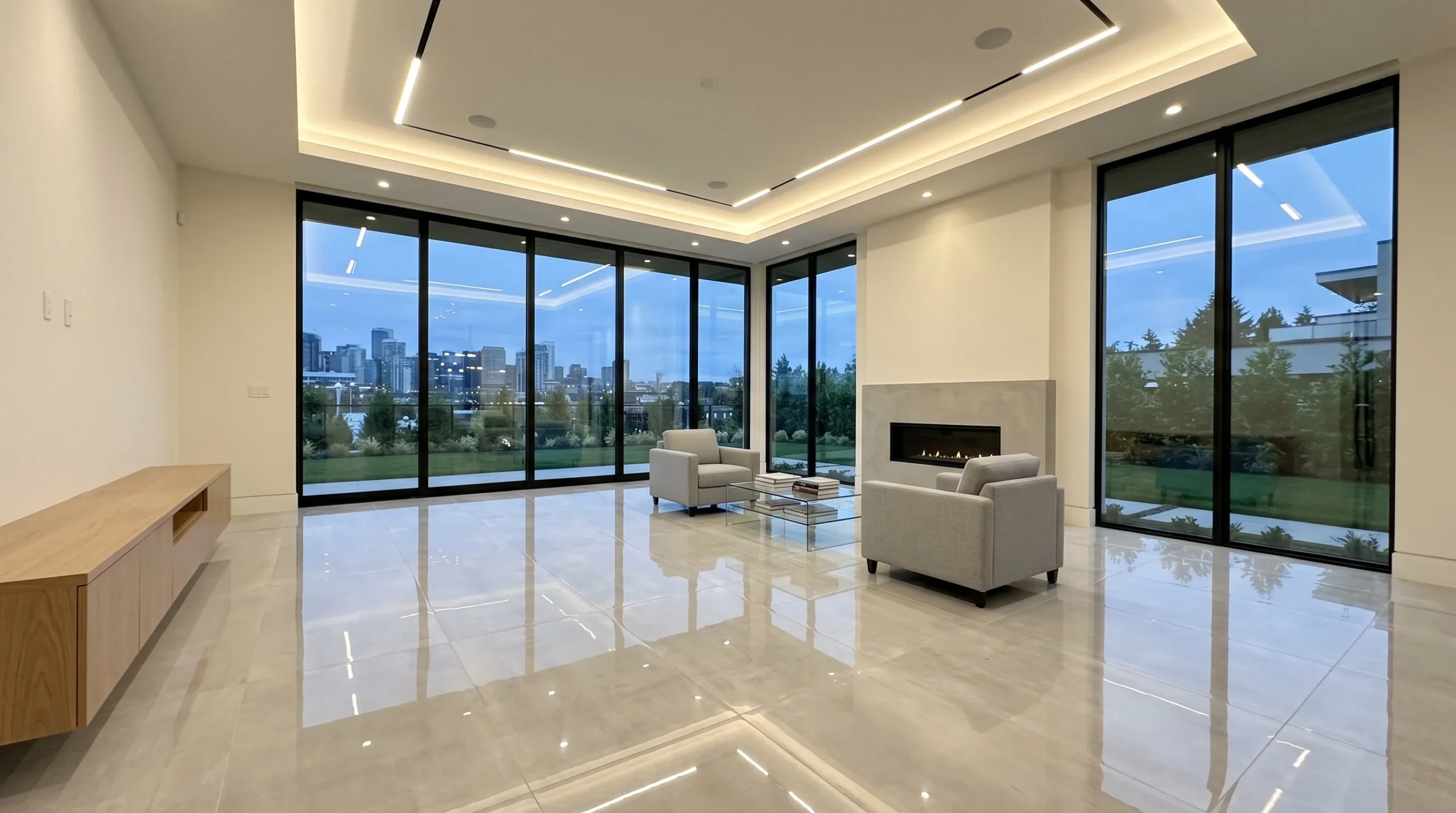 Luxury living room with polished marble floors, floor-to-ceiling windows and city view after professional cleaning