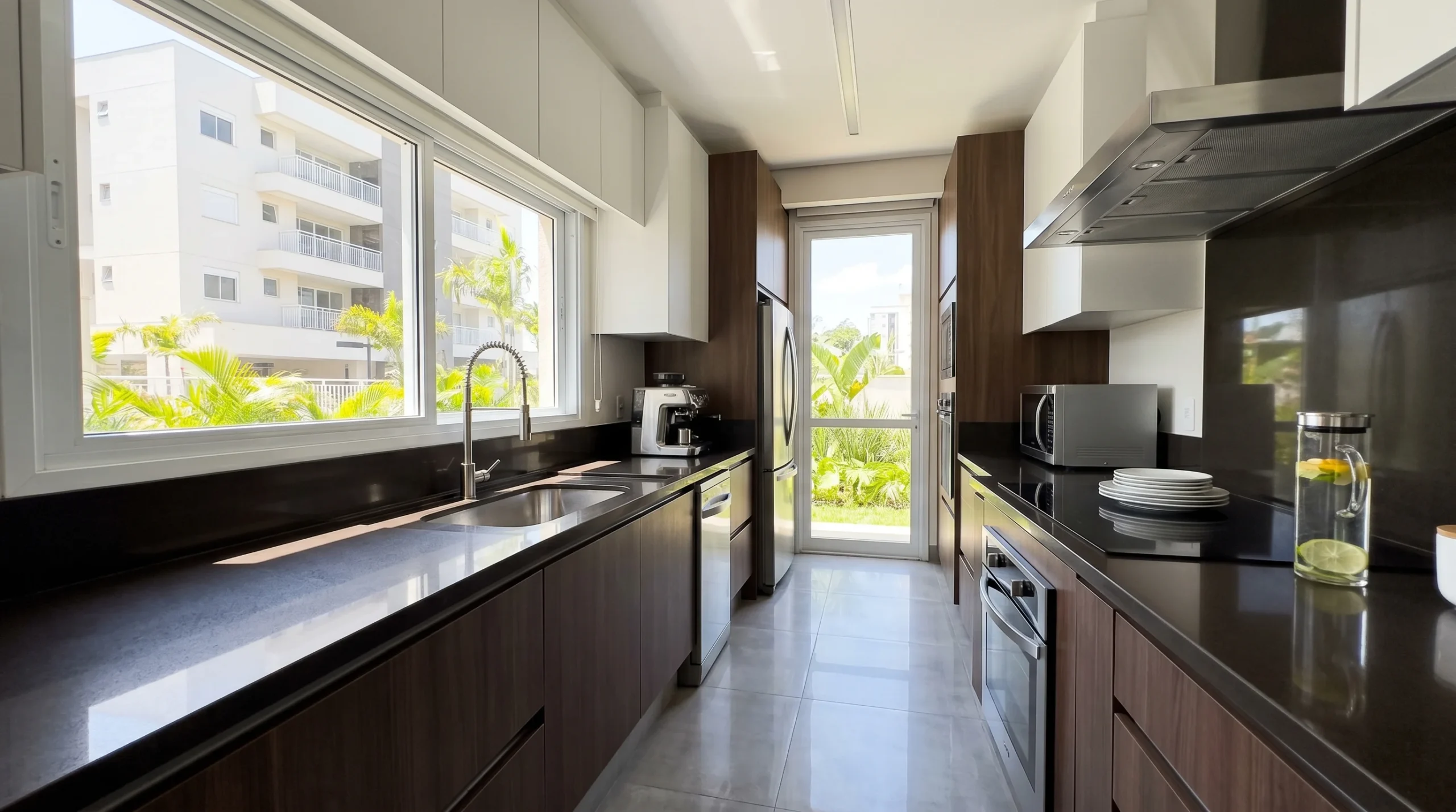 Modern galley kitchen with dark wood cabinets, black granite countertops and stainless steel appliances after professional cleaning