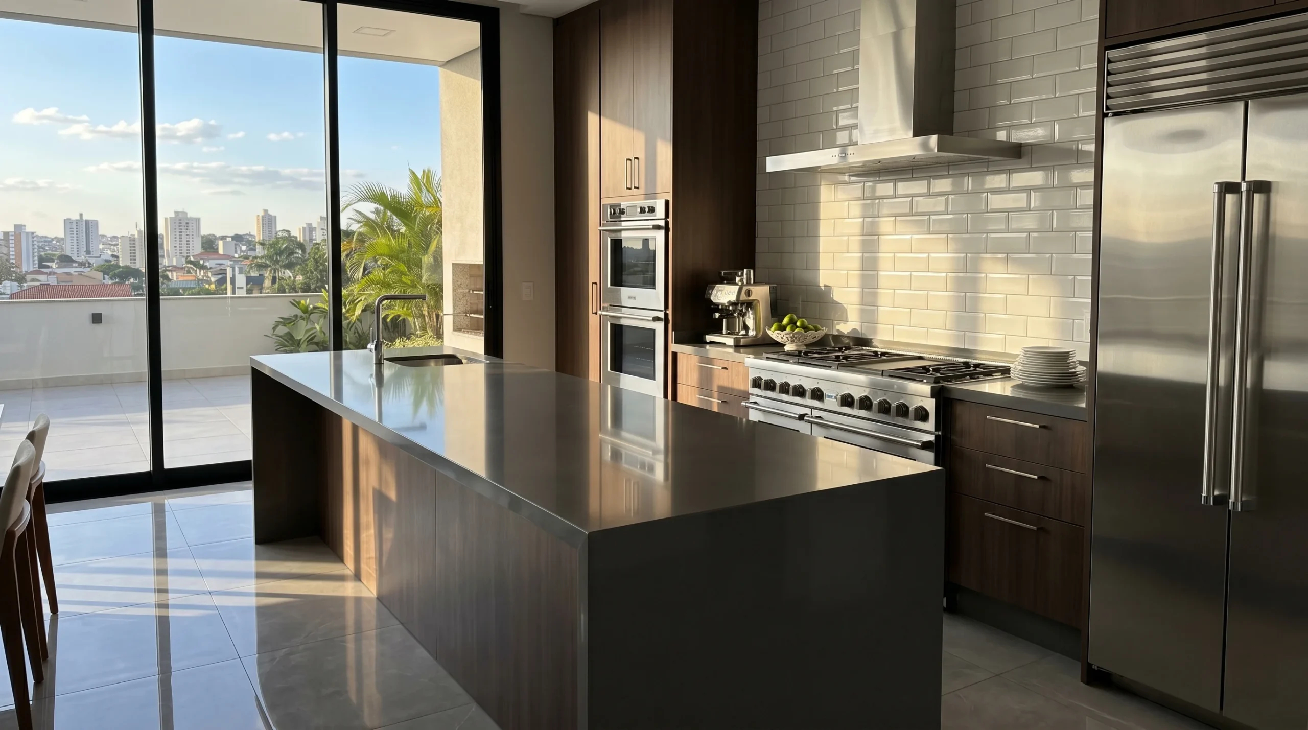 Modern kitchen with dark wood island, stainless steel double oven and range hood, and floor-to-ceiling windows after professional cleaning