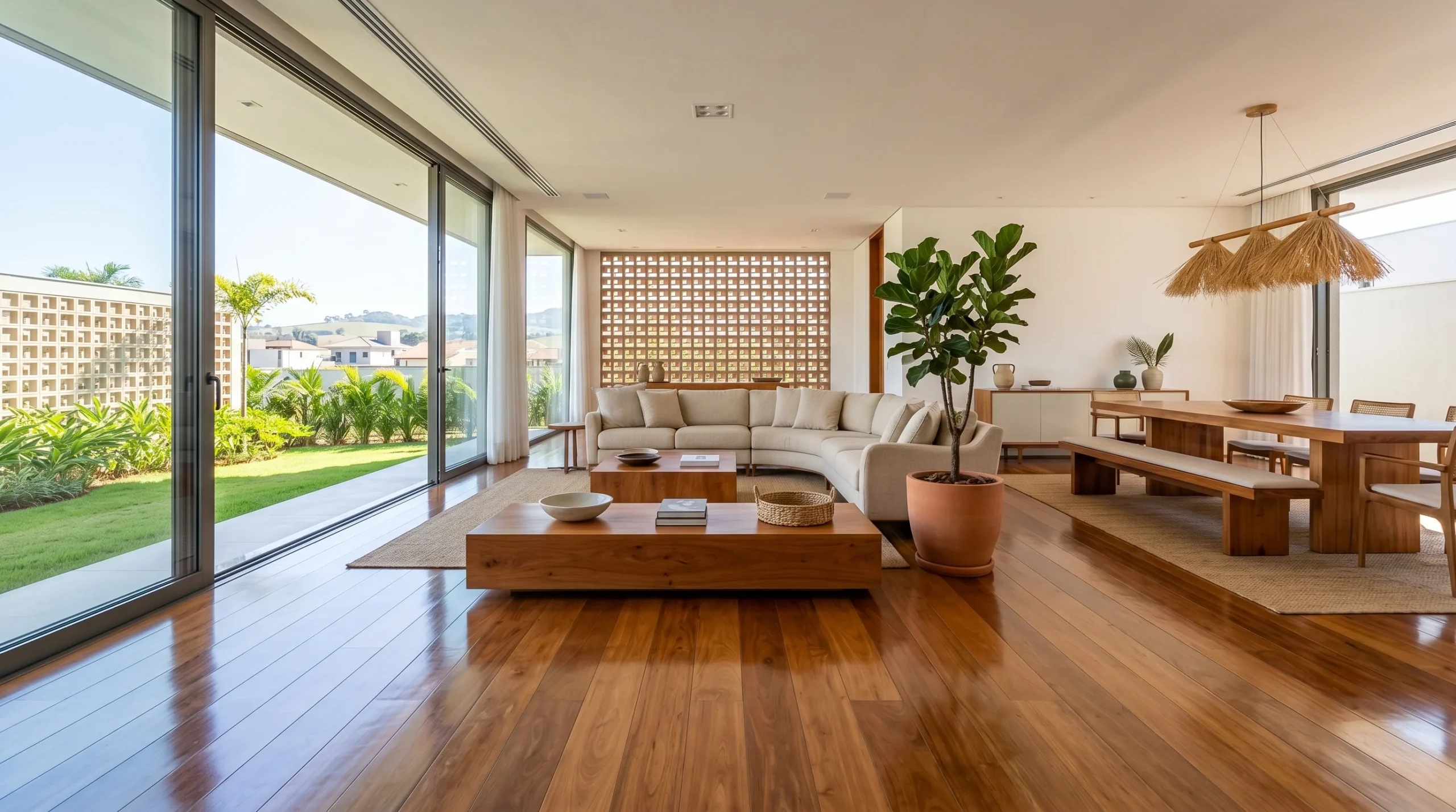 Open-plan living and dining room with warm hardwood floors, cream sectional sofa and sliding glass doors to a lush garden after professional cleaning